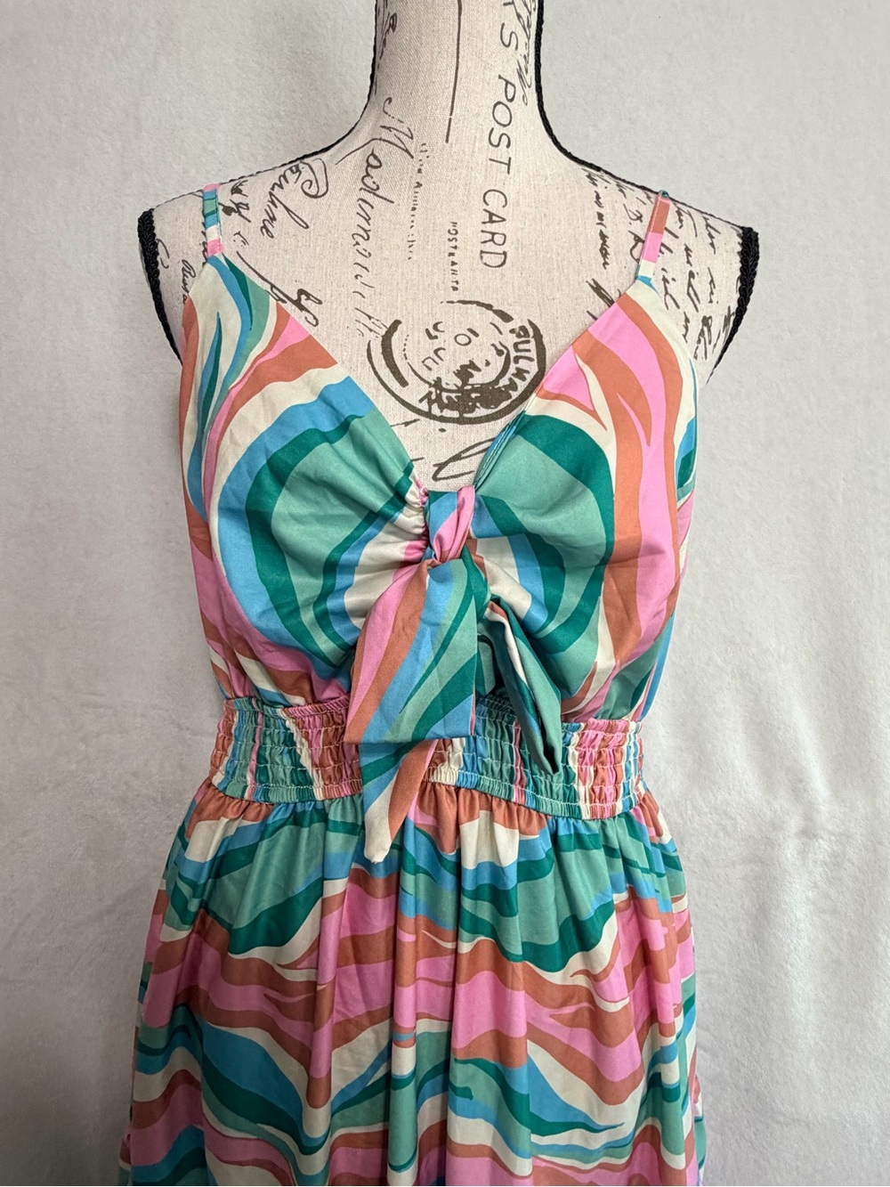 Grace and Emma Boutique Wavy Stripe Pink & Teal Maxi Dress with Front Tie - Picture 3 of 10